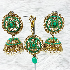 Saee Mint Jhumka Earring Tikka Set - Antique Gold