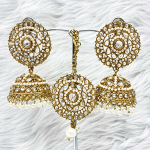 Saee White Polki Stone Jhumka Earring Tikka Set - Antique Gold
