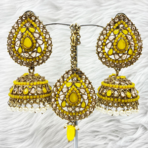 Anari Yellow Jhumka Earring Tikka Set - Antique Gold