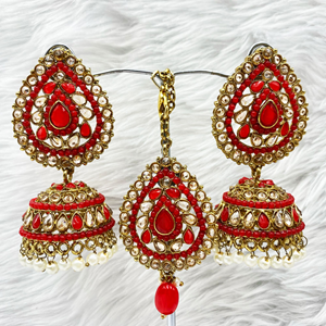 Anari Red Jhumka Earring Tikka Set - Antique Gold