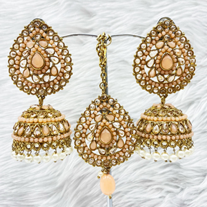 Anari Peach Jhumka Earring Tikka Set - Antique Gold