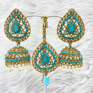 Anari Turquoise Jhumka Earring Tikka Set - Antique Gold