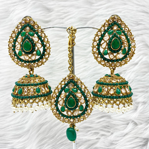 Anari Green Jhumka Earring Tikka Set - Antique Gold