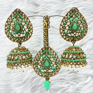 Anari Mint Jhumka Earring Tikka Set - Antique Gold