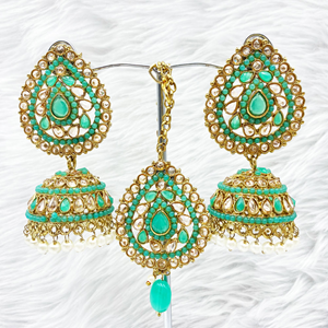 Anari Pista Jhumka Earring Tikka Set - Antique Gold