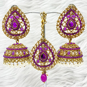 Anari Purple Jhumka Earring Tikka Set - Antique Gold