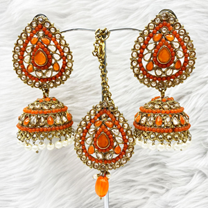 Anari Orange Jhumka Earring Tikka Set - Antique Gold