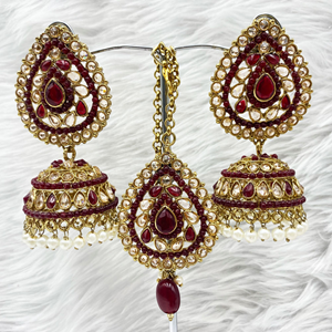 Anari Maroon Jhumka Earring Tikka Set - Antique Gold