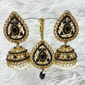 Anari Black Jhumka Earring Tikka Set - Antique Gold