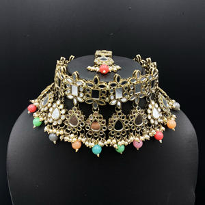 Iana White Mirror/Multicolour Choker Necklace Set - Antique Gold