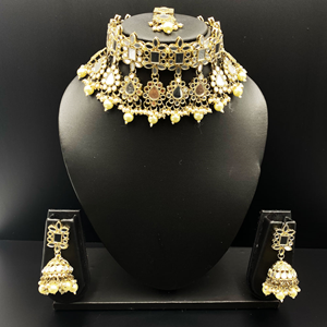 Iana White Mirror Choker Necklace Set - Antique Gold