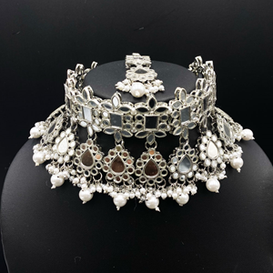 Iana White Mirror Choker Necklace Set - Silver