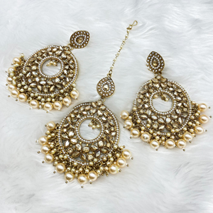 Mair Gold Polki Stone Earring Tikka Set - Antique Gold