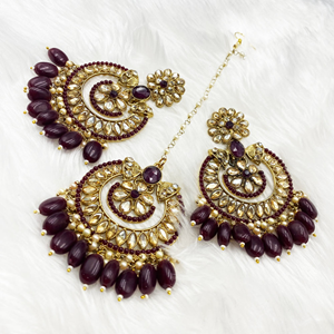 Peya Maroon Earring Tikka Set - Antique Gold