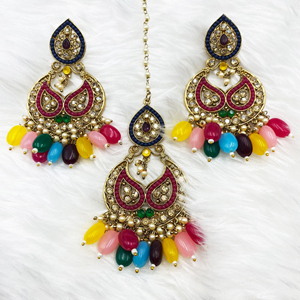 Reny Multicolour Earring Tikka Set - Antique Gold