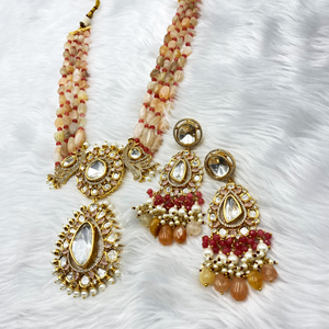 Vahi Glass Kundan Peach Necklace Set - Gold