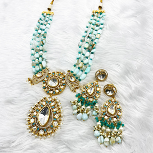 Vahi Glass Kundan Light Blue Necklace Set - Gold