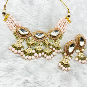  Mae Glass Kundan Baby Pink Necklace Set - Gold