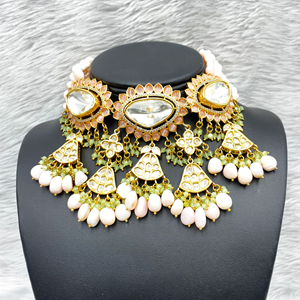  Mae Glass Kundan Baby Pink Necklace Set - Gold