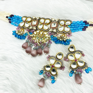 Pana Glass Kundan Lilac Necklace Set - Gold