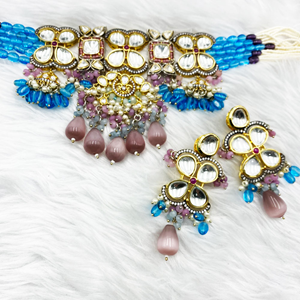 Pana Glass Kundan Lilac Necklace Set - Gold