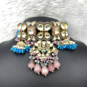 Pana Glass Kundan Lilac Necklace Set - Gold