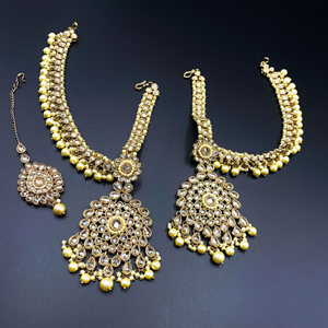 Gavi Gold Polki Stone Sahara Earring Tikka Set - Antique Gold