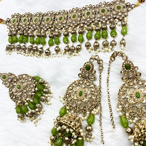 Daya Polki Olive Choker Necklace Set - Antique Gold