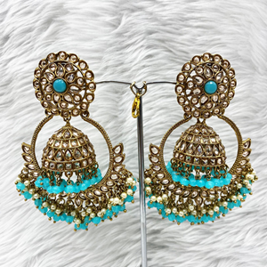 Kahr Polki Turquoise Jhumka Bali Earring Tikka Set - Antique Gold