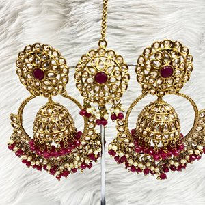 Kahr Polki Pink Jhumka Bali Earring Tikka Set - Antique Gold