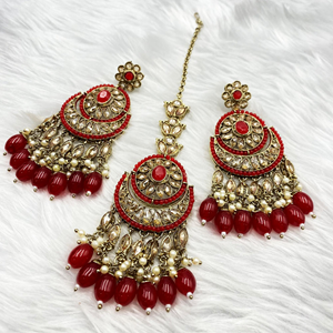 Gahan Red Earring Tikka Set - Antique Gold