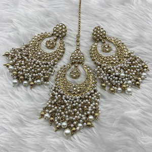 Jabi White Polki Stone Earring Tikka Set - Antique Gold