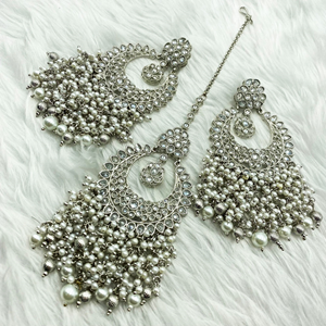 Jabi White Polki Stone Earring Tikka Set - Silver