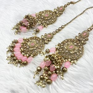 Yuga Polki Baby Pink Stone Jhumka Earring Tikka Set - Antique Gold