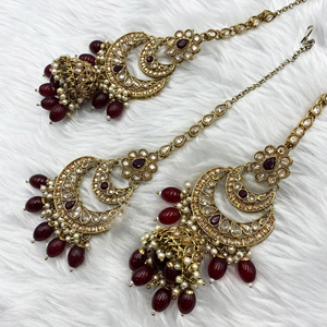 Jiwa Polki Maroon Jhumka Earring Tikka Set - Antique Gold