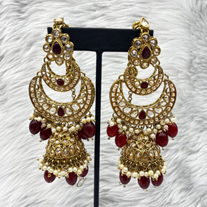 Jiwa Polki Maroon Jhumka Earring Tikka Set - Antique Gold