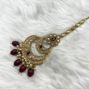 Jiwa Polki Maroon Jhumka Earring Tikka Set - Antique Gold