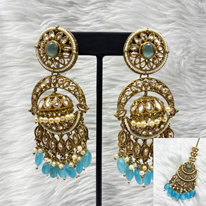 Lyna Polki Light Blue Jhumka Earring Tikka Set - Antique Gold