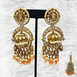 Lyna Polki Peach Jhumka Earring Tikka Set - Antique Gold