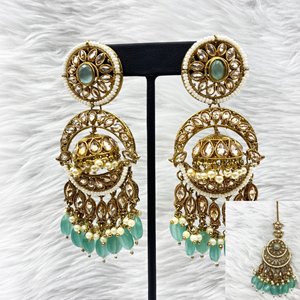 Lyna Polki Mint Jhumka Earring Tikka Set - Antique Gold