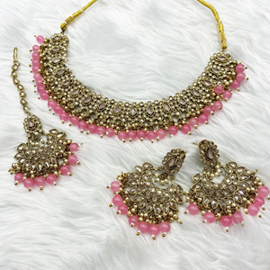 Gayan Polki Stone Baby Pink Necklace Set - Antique Gold