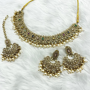 Gayan Polki Stone Multicolour Necklace Set - Antique Gold