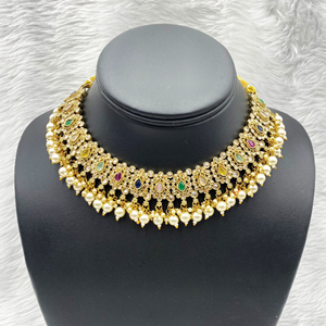 Gayan Polki Stone Multicolour Necklace Set - Antique Gold