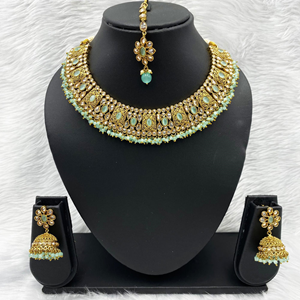 Vahni Polki Stone Light Green Necklace Set - Antique Gold