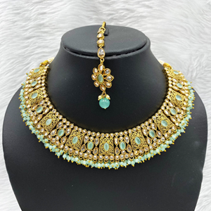 Vahni Polki Stone Light Green Necklace Set - Antique Gold