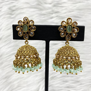 Vahni Polki Stone Light Green Necklace Set - Antique Gold