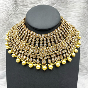 Jisa Gold Polki Stone & Pearl Bridal Set - Antique Gold