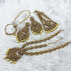 Jisa Gold Polki Stone & Pearl Bridal Set - Antique Gold