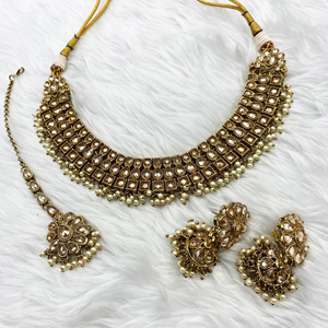 Ceinna Gold Polki Stone Necklace Set - Antique Gold