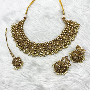 Faru Gold Polki Stone Necklace Set - Antique Gold
